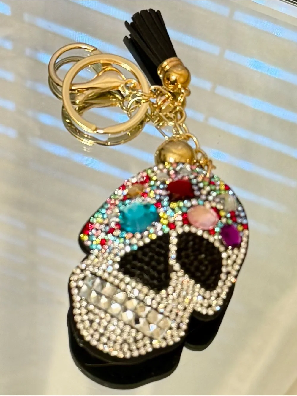 New Multi Color Beaded Crystal Skull Gem Keychain with Gold Hardware